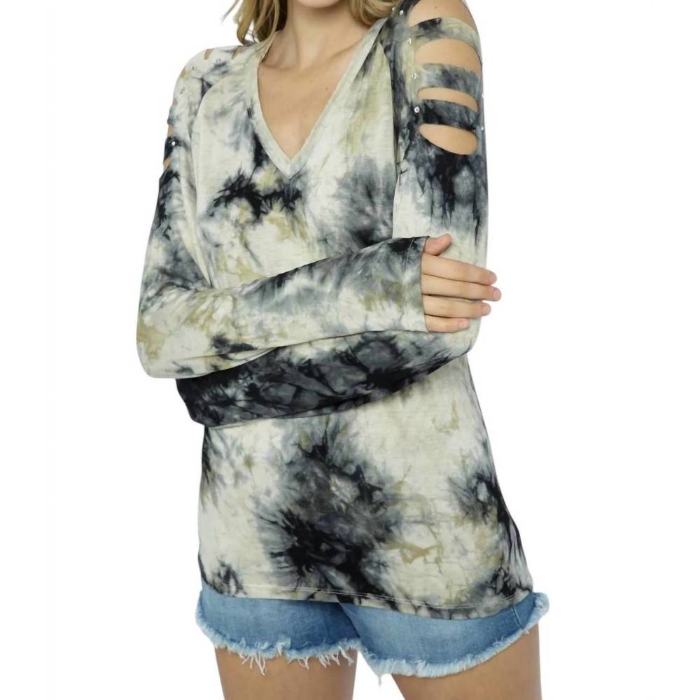 NEW VOCAL APPAREL tie dye stud sliced long sleeve top in natural/black - Picture 2 of 4